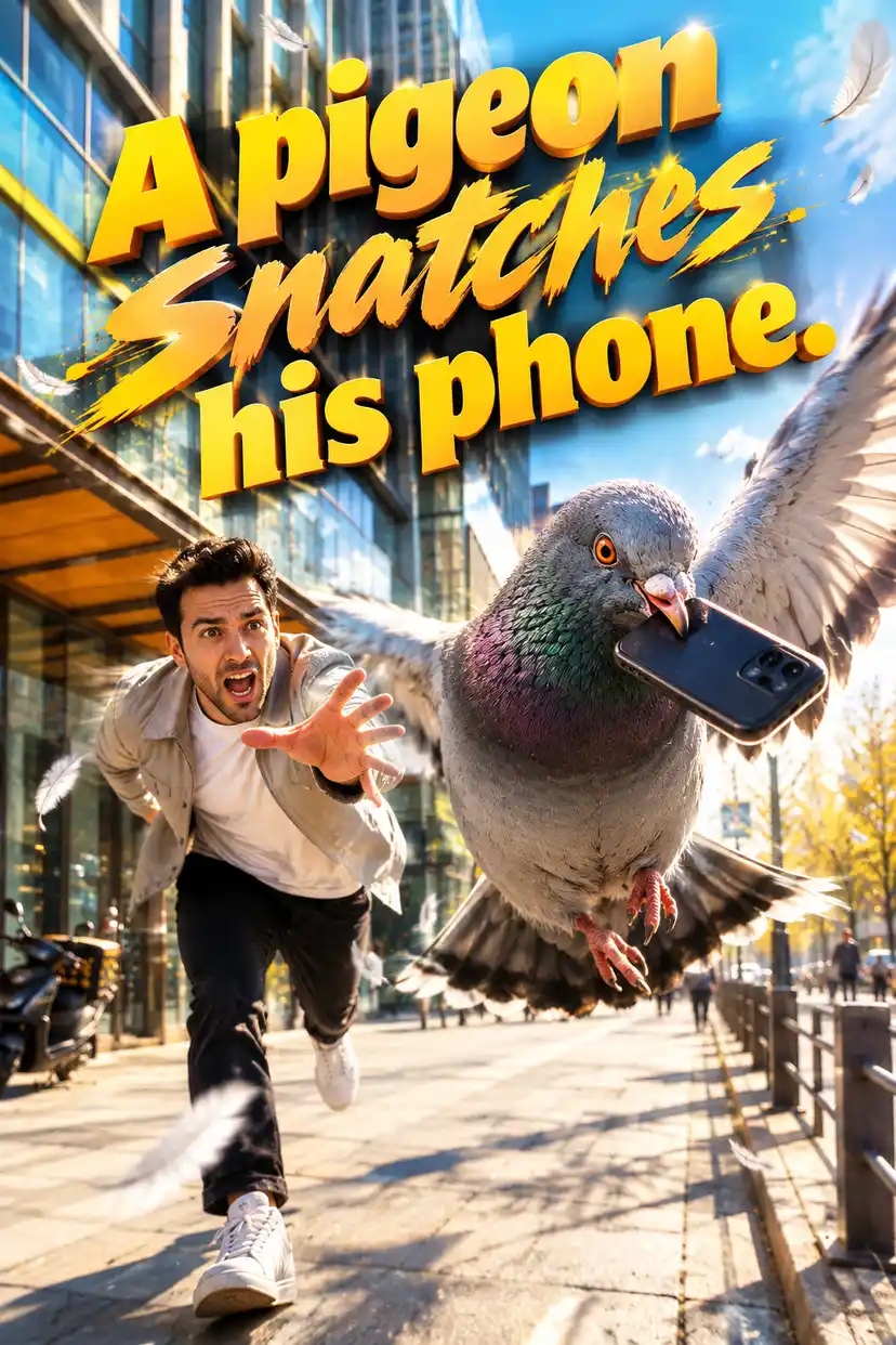 A pigeon snatches his phone.